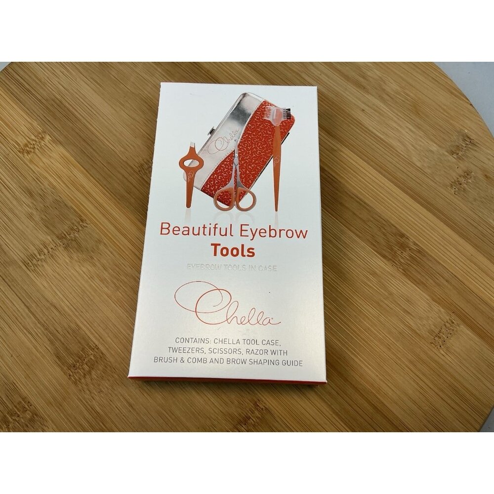 Chella Eyebrows Kit In Case Tweezer Scissor Razor Brush Comb Shape Guide NIB